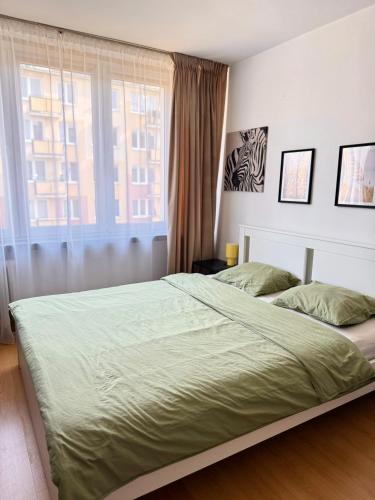 a bedroom with a large bed and a window at Apartament Słoneczny in Zamość
