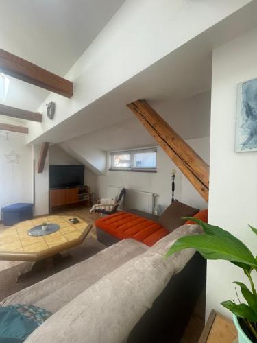 a living room with a couch and a table at Apartment Krkonošská in Tanvald
