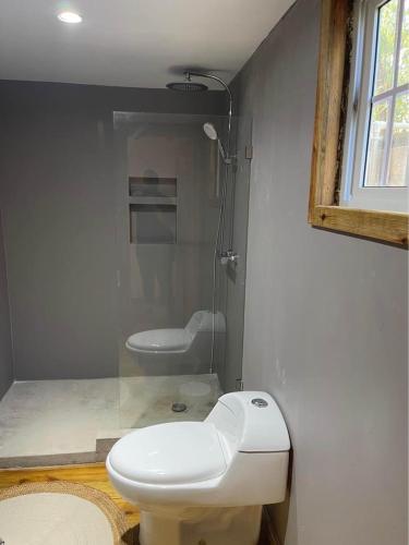 a bathroom with a white toilet and a shower at Jonathans Cabins in Utila