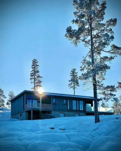 a house in the snow with a tree in front of it at Spacious Mountain Cabin With View In Nissedal in Treungen