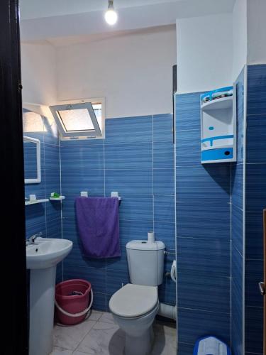 a blue tiled bathroom with a toilet and a sink at APPARTEMENT AL HOCEIMA prés de PLAGE CALABONITA in Al Hoceïma