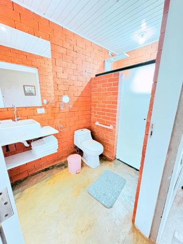 a bathroom with a white toilet and a sink at Pousada Chateau Bella Vista in Campos do Jordão
