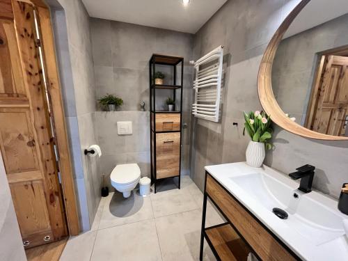a bathroom with a toilet and a sink and a mirror at Spokojny Potok Sopot - AFRA GROUP in Sopot