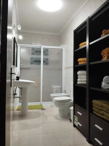 a bathroom with a shower and a toilet and a sink at Casa do Lavrador in Ponta Delgada