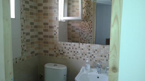 a bathroom with a toilet and a sink and a mirror at Nopti de Vara Transfăgărășan in Căpăţîneni-Pămînteni