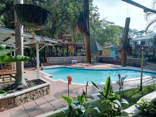 a swimming pool at a resort with plants at Honduyate in Las Marías