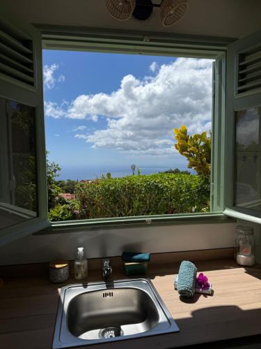 a sink in a kitchen with a large window at Gîte Ti Volkan in Saint-Claude