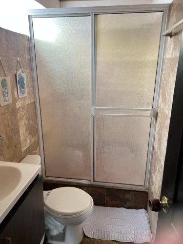 a bathroom with a shower with a toilet and a sink at Casa Armonía Popayán in Popayan