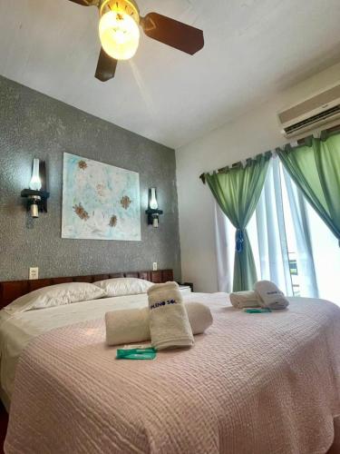 a bedroom with a large bed with a ceiling fan at Hotel Pleno Sol in Villa Gesell