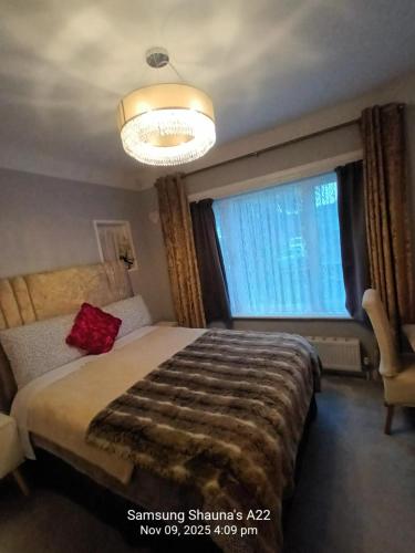 a bedroom with a large bed and a large window at Shauna's house in Poole