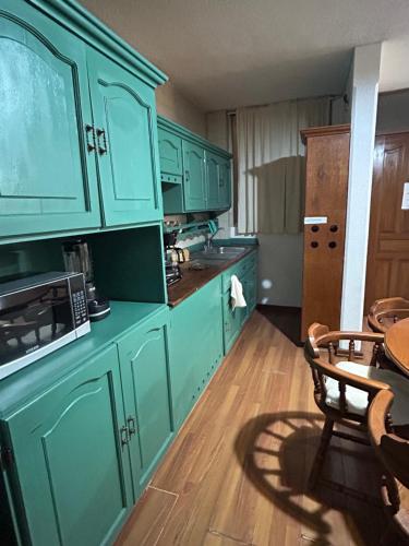 a kitchen with green cabinets and a table with a microwave at Acogedor y céntrico Departamento in León