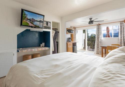 a bedroom with a bed and a tv on a wall at Pikes Peak Paradise Bed and Breakfast in Woodland Park