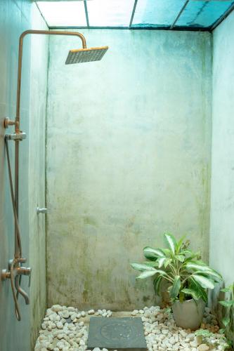 a bathroom with a shower with a plant in it at Sayon River Cottage in Wellawaya