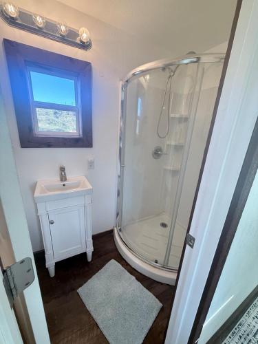 a bathroom with a shower and a sink at Private Ranch Retreat in Banning