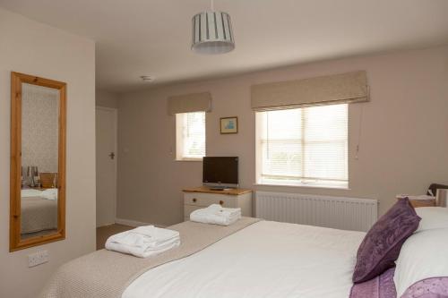 ビデフォードにあるThe Linhay Eastleighのベッドルーム1室(ベッド2台、鏡、テレビ付)