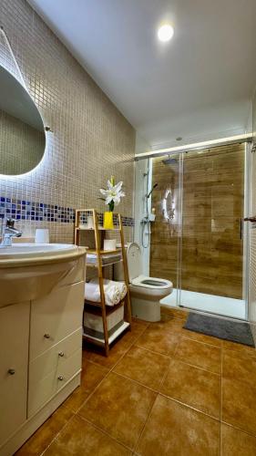 a bathroom with a shower and a toilet and a sink at PLAYA Finisterre in Fisterra