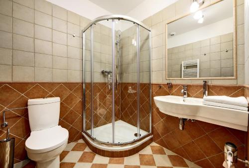 a bathroom with a shower and a toilet and a sink at Pension Rozmarýna in Český Krumlov