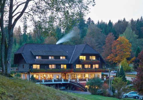 une grande maison avec un toit noir dans l'établissement Hotel Restaurant Waldsägmühle, à Pfalzgrafenweiler