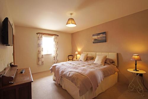 a bedroom with a large bed and a television at Deri Lleyn in Sarn