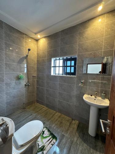 een badkamer met een toilet en een wastafel bij Maison blanche in Porto-Novo