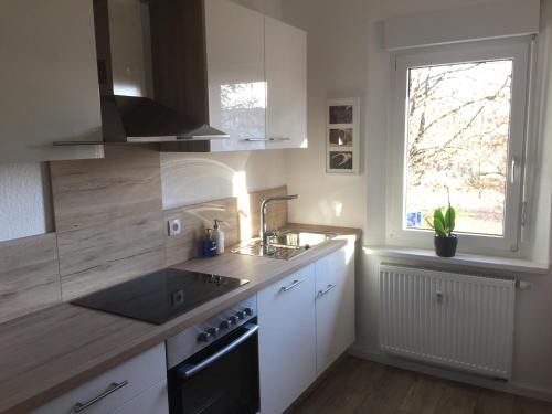 a kitchen with white cabinets and a sink and a window at Festspiel Apart Tristan in Bayreuth