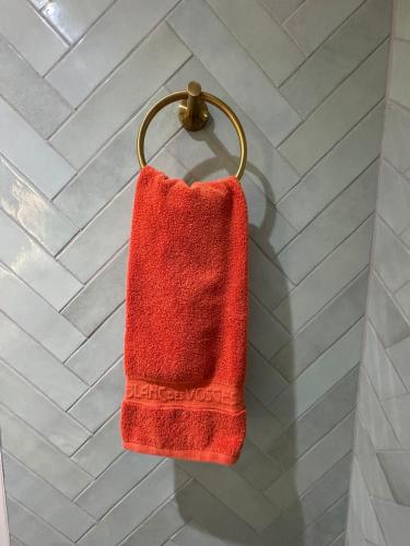 a red towel hanging on a towel rack in a bathroom at Studio confortable à proximité des thermes in Salies-de-Béarn