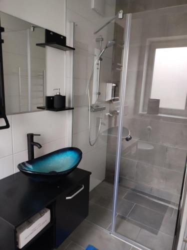 a bathroom with a blue sink and a shower at "Villa Barta am See" - Salzkammergut erleben in Traunkirchen