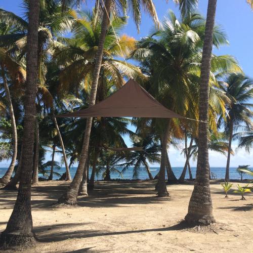 a tan umbrella hanging from palm trees on a beach at Be On The Beach in Sainte-Anne