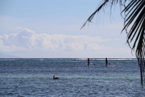 three people standing in the water on the beach at Be On The Beach in Sainte-Anne