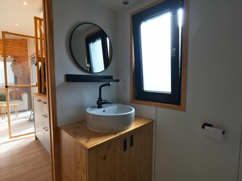 a bathroom with a sink and a mirror at Tiny Twins - TinyHouse 6 personnes à Malmedy by LaConciergerie in Malmedy