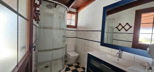 a bathroom with a shower and a toilet and a sink at La Barbacoa in Dos Pinos
