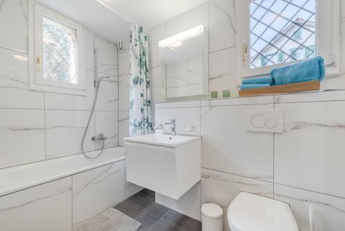 a white bathroom with a toilet and a sink at Apartments Sank Georgenstrasse in St. Gallen