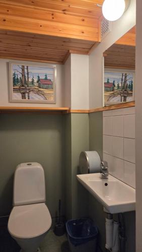 a bathroom with a toilet and a sink at Vandrarhemmet Gammelgården in Bengtsfors