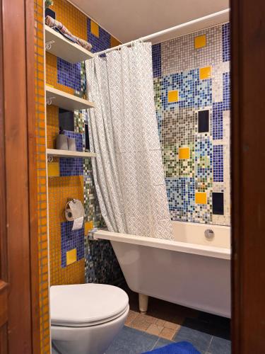 a bathroom with a shower curtain and a toilet at Art space Bundulis in Saulkrasti