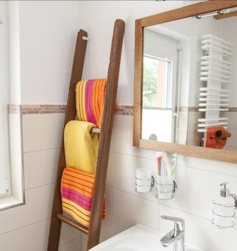 a bathroom with a mirror and a towel rack at Ferienwohnung Leppert in Schwanau