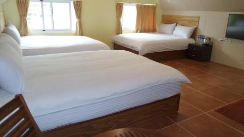 a hotel room with two beds and a television at Goose House in Yung-an-ts'un