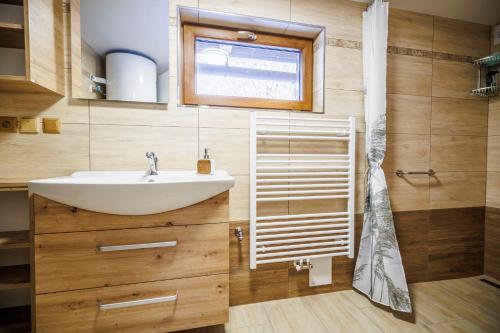 a bathroom with a sink and a window at Chata U Valentů in Červená Voda