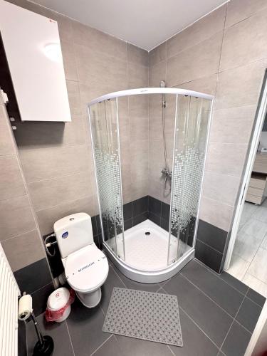 a small bathroom with a shower and a toilet at CRISTAL Apartament Căpșunilor nr 2 in Craiova
