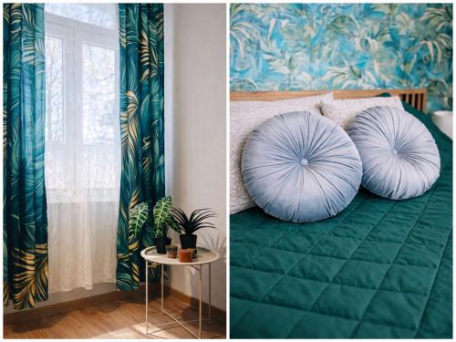 two pictures of a room with a bed with a blue pillow at Szmaragdowa Przystań - apartament z parkingiem blisko Parku Zdrojowego i Tężni in Busko-Zdrój