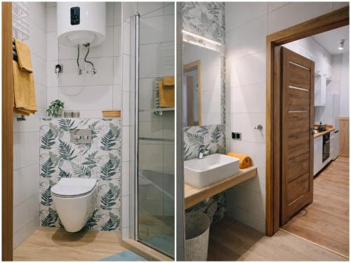 a bathroom with a shower and a toilet and a sink at Szmaragdowa Przystań - apartament z parkingiem blisko Parku Zdrojowego i Tężni in Busko-Zdrój