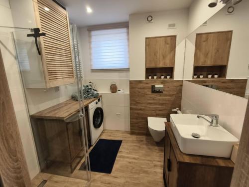 a bathroom with a sink and a washing machine at Apartament Color4you Blue in Wschowa