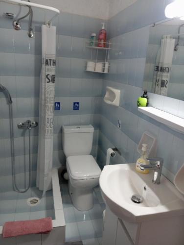 a bathroom with a toilet and a sink and a shower at Akrata Golden Beach House in Aíyira