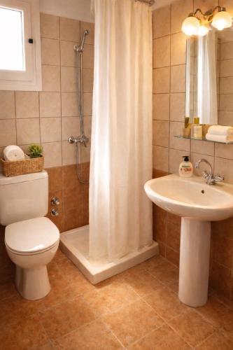 a bathroom with a toilet and a shower and a sink at Rodanthy II in Katelios
