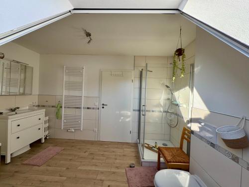 a bathroom with a shower and a sink at Ferienwohnung Storchennest Vipperow in Ludorf