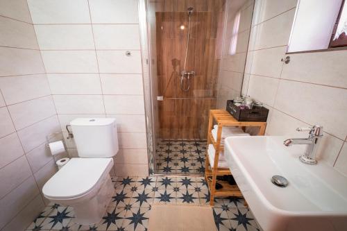 a bathroom with a toilet and a sink and a shower at Lotrinský Apartmány in Hodruša