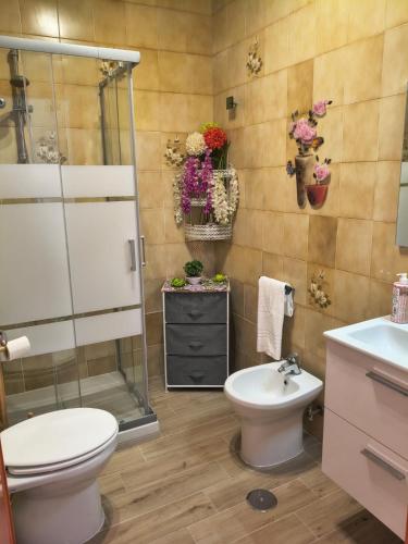 a bathroom with a toilet and a shower and a sink at La Casa Dei Nonni in Agerola