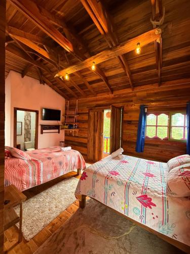 two beds in a room with wooden walls at Hotel Areca in Murillo