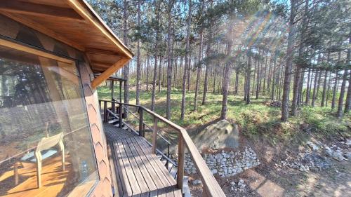 a porch of a cabin in the woods at The Forest Sea Dome in Varna City
