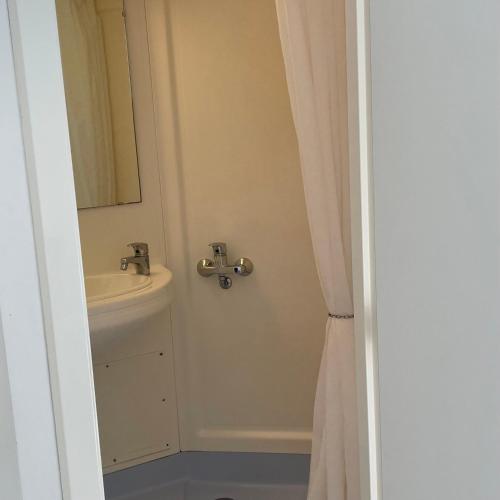 a bathroom with a sink and a mirror at Riis Feriepark in Give