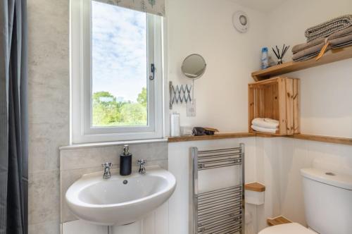 a bathroom with a sink and a window and a toilet at The Warren in Biddenden